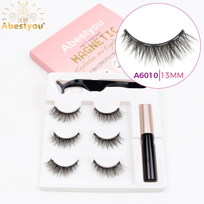 Abestyou Micro 5 Magnets Natural Long 3d 3pairs False Mink Magnetic Lashes With Eyeliner Tweezers Eyelashes Holder Makeup Kits