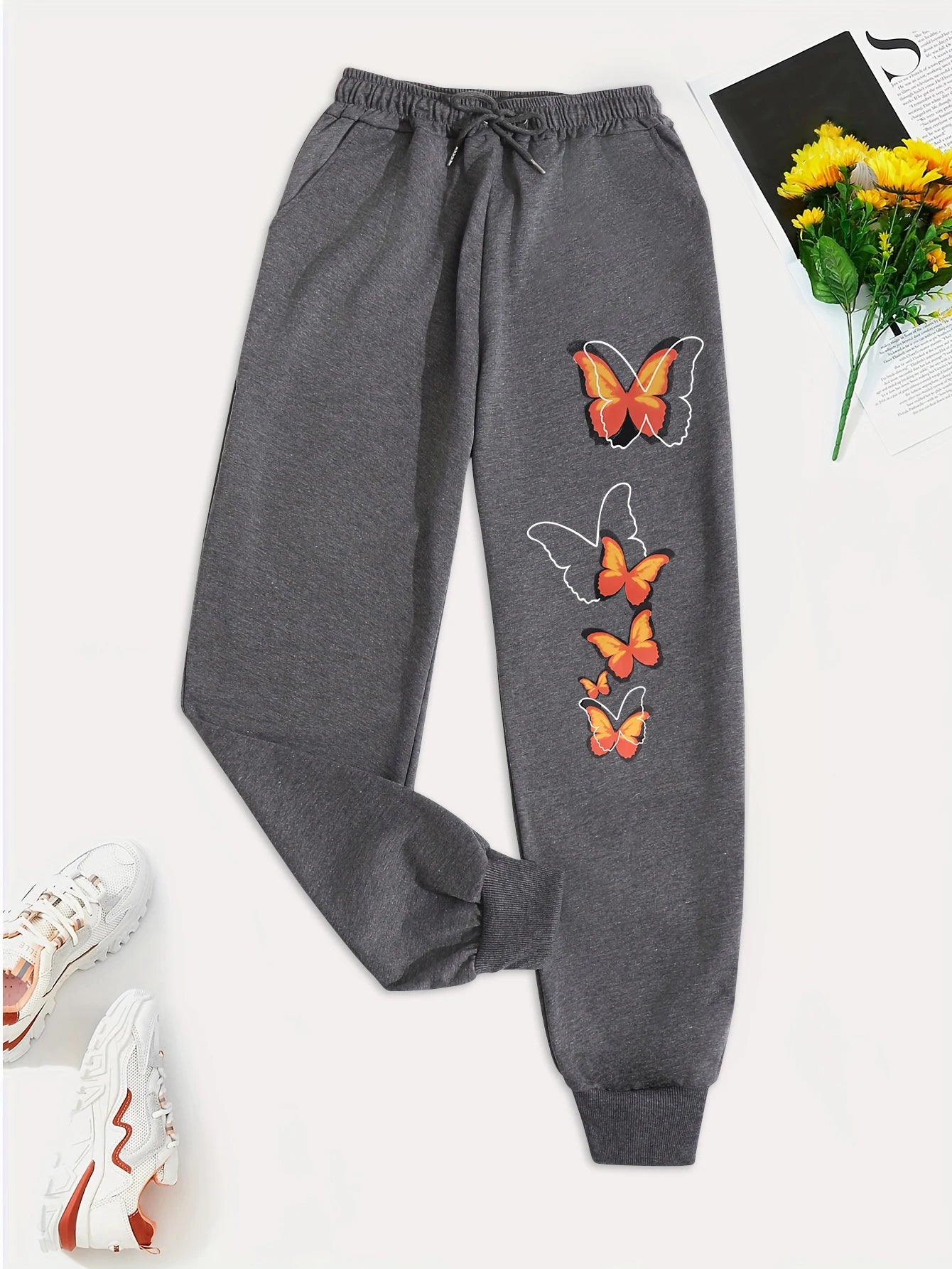Withered Leaf Butterfly Printing Casual Versatile Women Pant Trendy Hip Hop Trousers With Drawstring Pockets Sweatpants Female