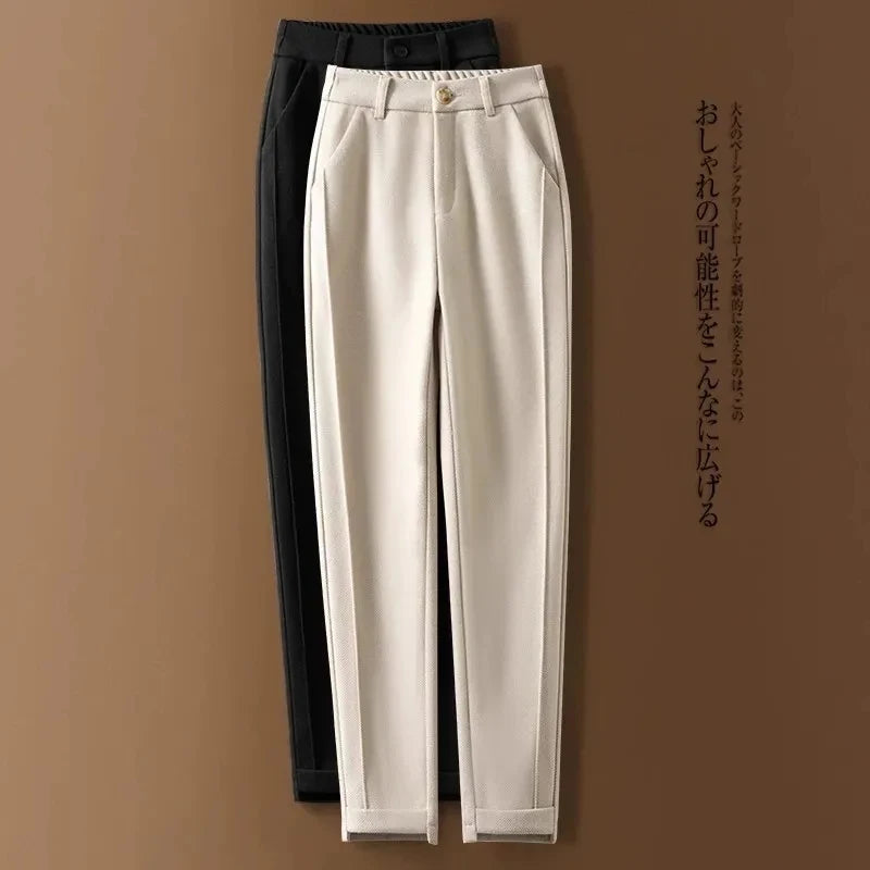 Woolen Herringbone Harem Pencil Elastic High Waist Korean Fashion Women's Pants Casual Office Lady Trousers Suit Pants For Women