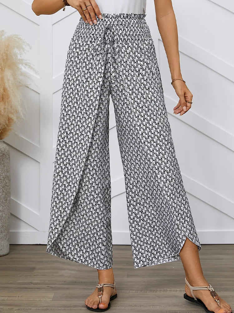 Spring/Summer Women's French Style Full Print Waist Tulip Hem Wide Leg Loose Crossed Long Pants - Azara
