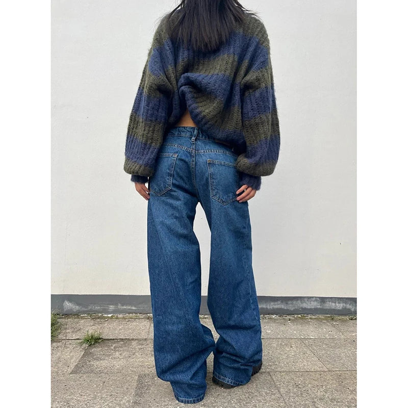 YIBASHU Autumn Winter Women Blue Denim Pants Low Rise Y2K Baggy Jean Japanese Dark Academia Cowboy Harajuku Grunge Stacked Jeans - Azara