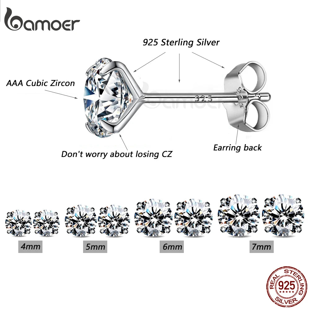 Bamoer CZ Stud Earrings 925 Sterling Silver Platinum Plated Round Cubic Zirconia Hypoallergenic Barbell Earrings 4-7mm