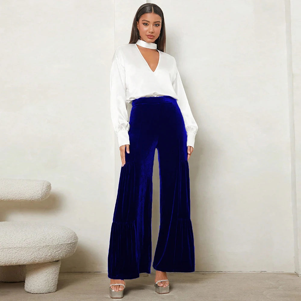 Women's autumn and winter gold velvet wide-leg pants with ruffles, high waist, straight, loose and slim elegant trousers - Azara