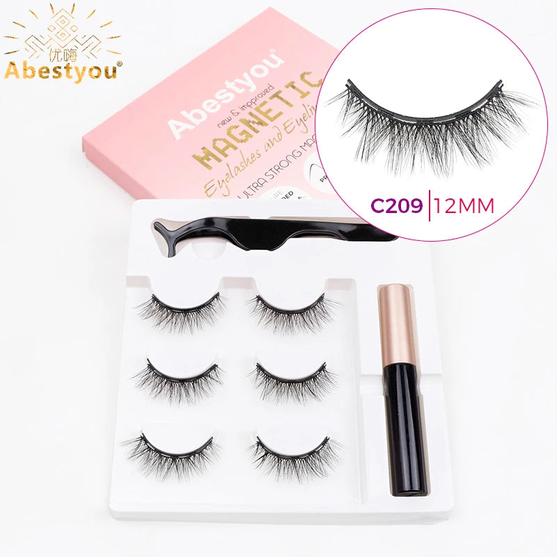 Abestyou Micro 5 Magnets Natural Long 3d 3pairs False Mink Magnetic Lashes With Eyeliner Tweezers Eyelashes Holder Makeup Kits