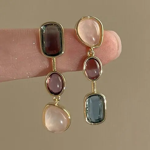 New Asymmetrical Vintage Colorful Crystal Geometric Earrings for Women Fashion Korean Temperament Girls Metal Earrings Jewelry