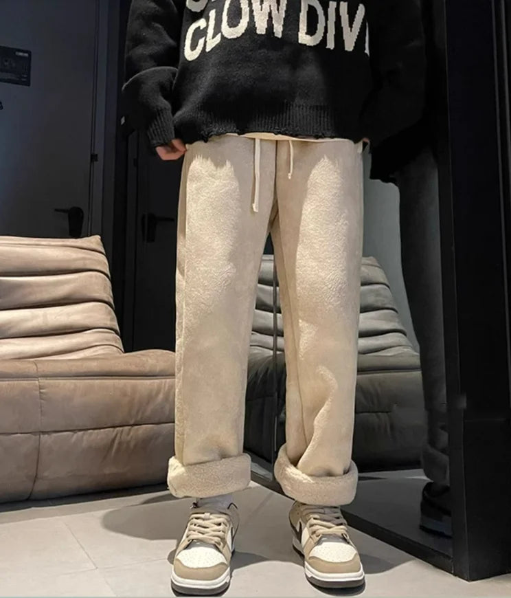 بنطلون نسائي من جلد الغزال سميك بقصة مستقيمة، على الطراز الكوري، واسع الساقين، مناسب لفصلي الخريف والشتاء، بنطلون عصري جديد للطالبات، بنطلون كاجوال