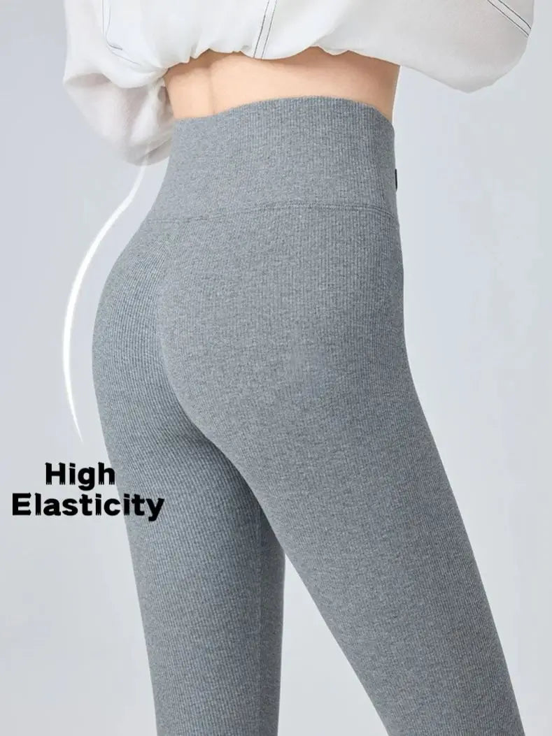Women's High-Waisted Slimming Leggings Stripes Cotton-Feel Seamless Thermal Tights Soft Stretch Fabric