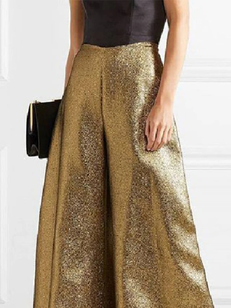 Women's Stylish Party Wear Pants Solid Gold High Waist A-line Wide Leg Pants Zippered Full-length Trousers Casual Pants - Azara
