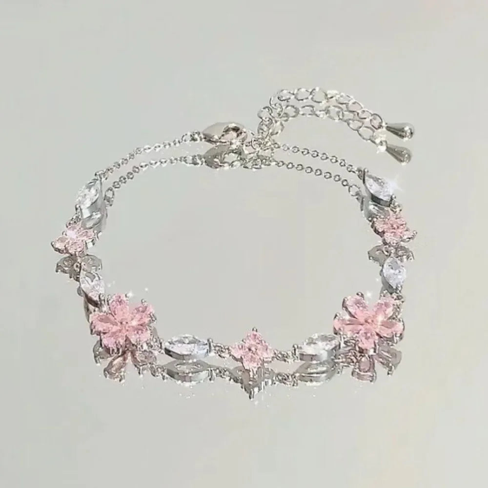 Elegant Crystal Flowers Bracelet for Women Y2K Sweet Girls Moon Cherry Blossom Bow Zircon Bracelets Luxury Jewelry Gift