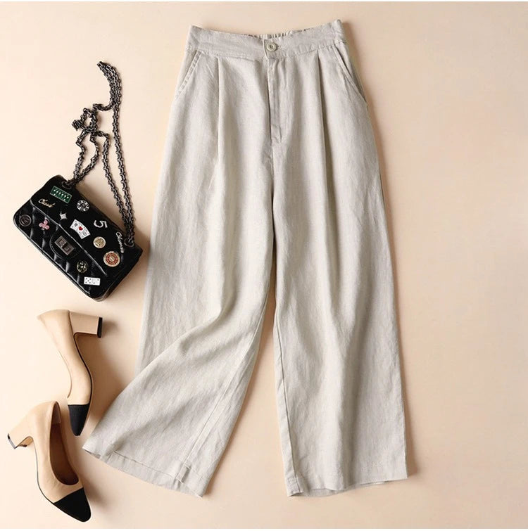 Spring Summer Cotton Linen Wide-leg Pants for Women Loose Casual Thin Nine-point Pants Comfortable Female Trousers - Azara