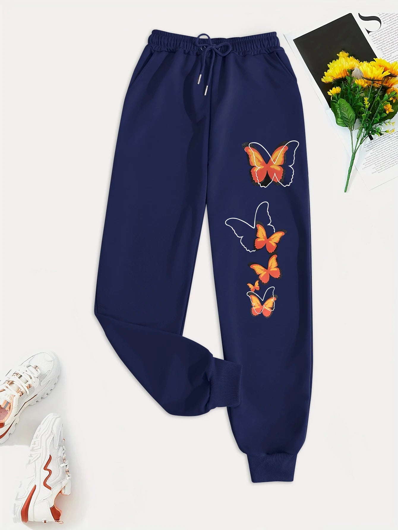 Withered Leaf Butterfly Printing Casual Versatile Women Pant Trendy Hip Hop Trousers With Drawstring Pockets Sweatpants Female