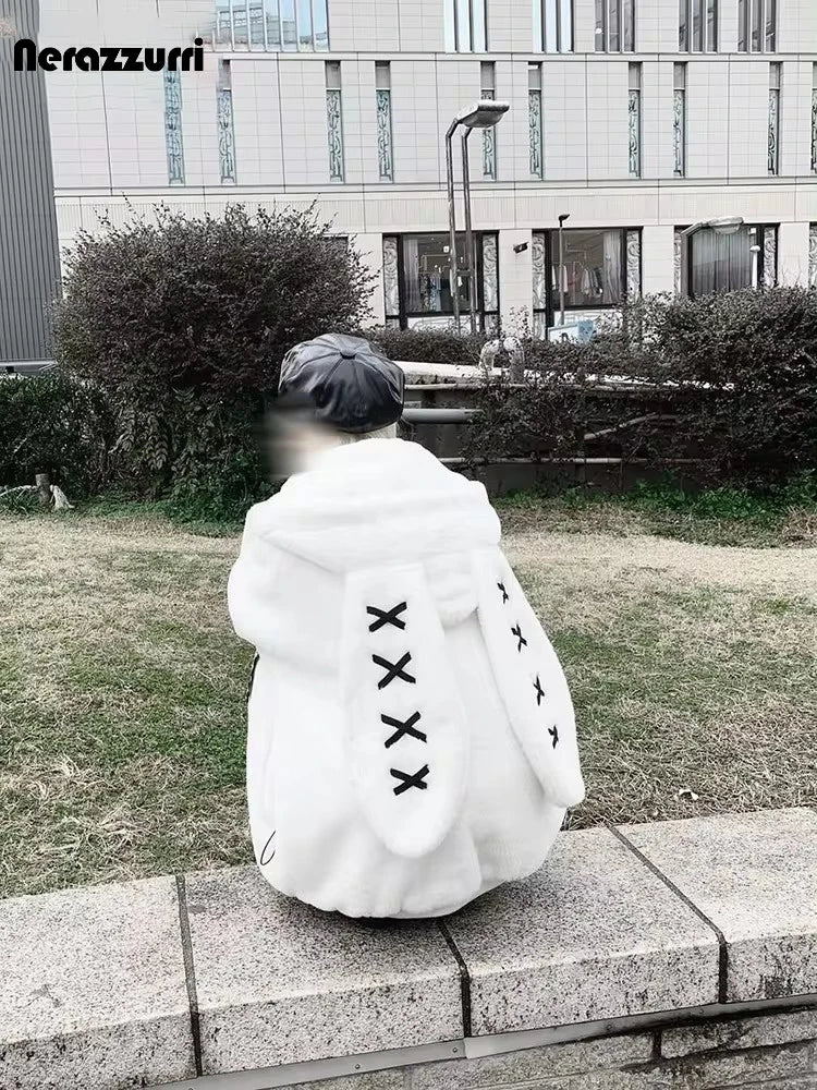Nerazzurri Winter Sweet Cute Kawaii Soft Thick Warm White Faux Fur Coat Women with Bunny Ears Cute Fluffy Jacket Hoodie 2024