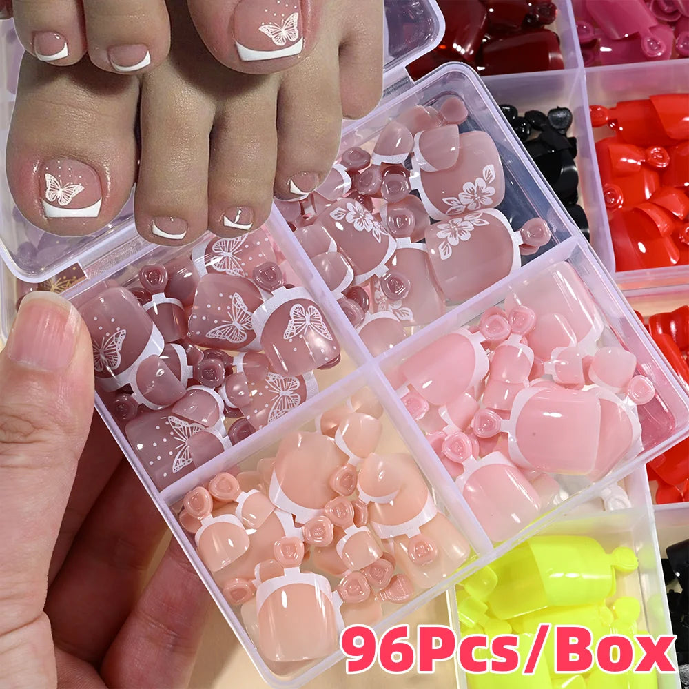 96Pcs/Box French Fake Toenails Butterfly/Flower Design Short Square  Press On Toenail Glossy Full Cover False Toe Nail Extension
