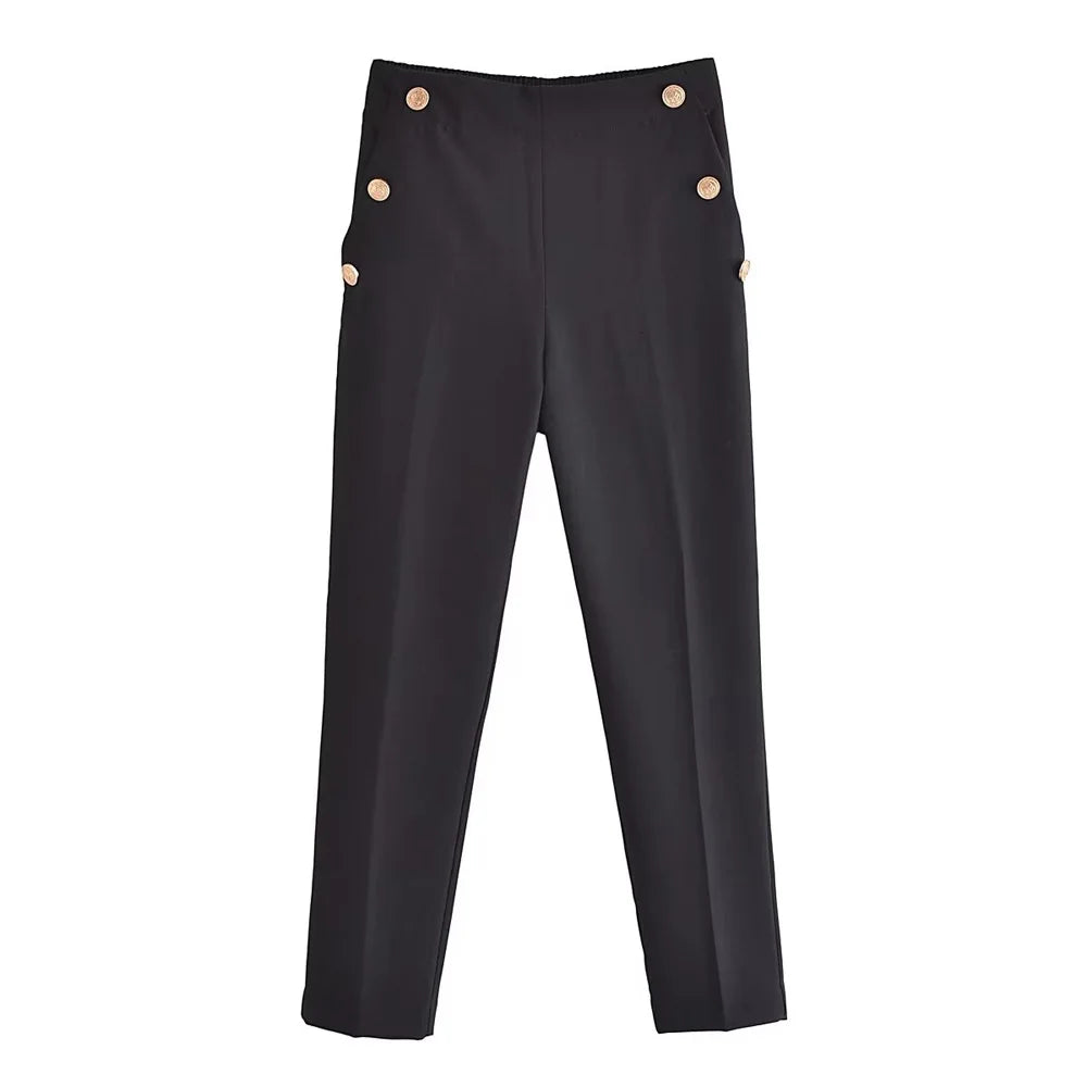 Women Fashion With Metallic Button Straight Pants Vintage High Waist Back Elastic Waistband Female Ankle Trousers Mujer - Azara