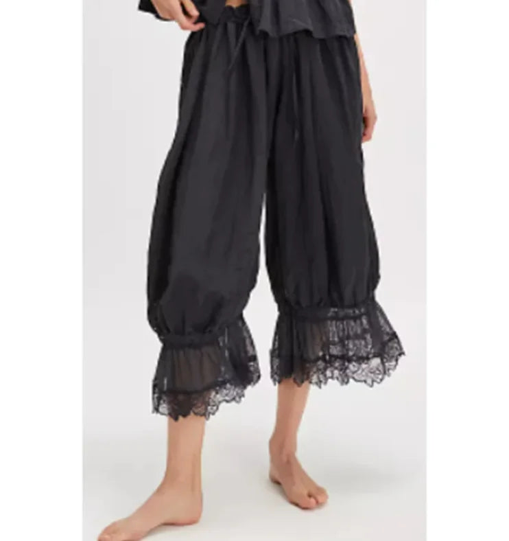 Women's Y2K Loose Fit Bloomers Cropped Pants Drawstring High Waist Floral Lace Patchwork Calf-Length Lantern Trousers