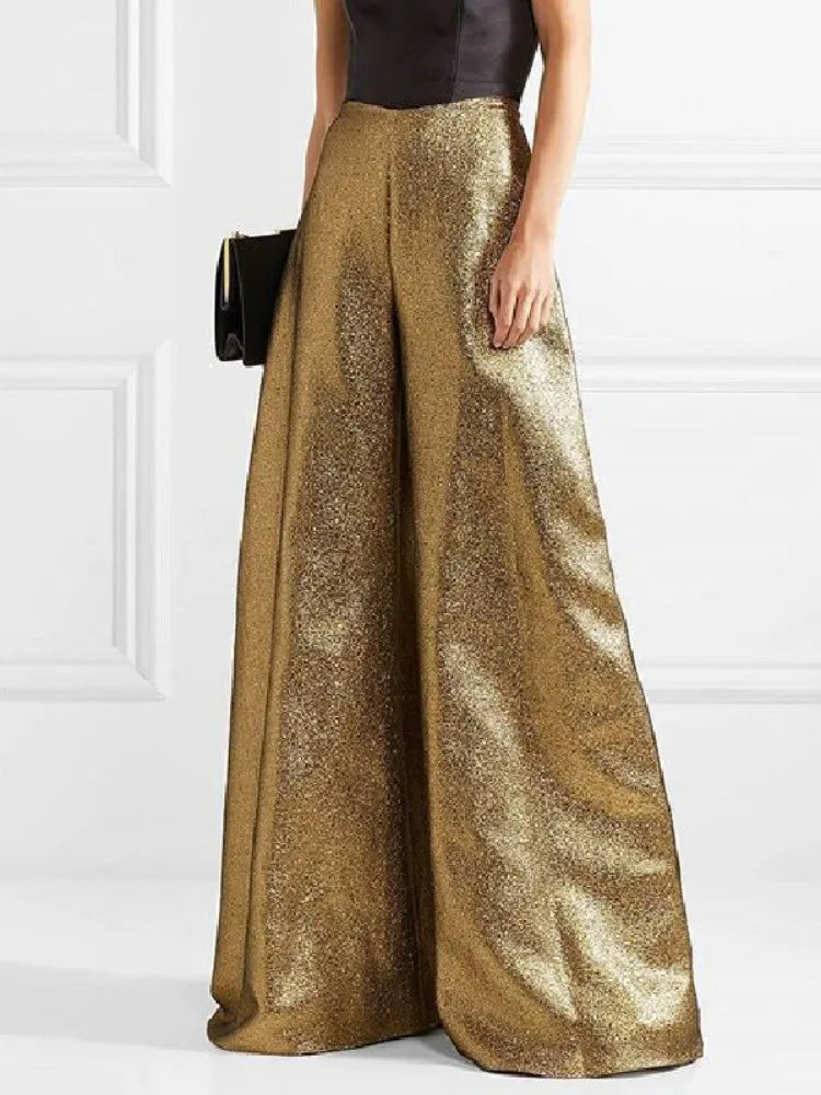 Women's Stylish Party Wear Pants Solid Gold High Waist A-line Wide Leg Pants Zippered Full-length Trousers Casual Pants - Azara