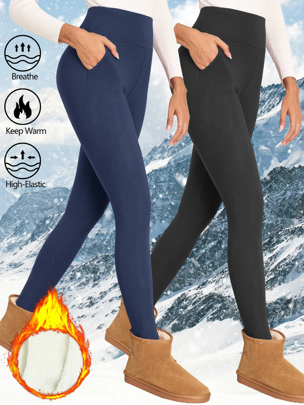 بنطال شتوي نسائي سميك مبطن بالفرو، مزود بجيوب، بخصر عالٍ، يوفر الدفء والحماية من البرد في الأجواء الخارجية غير الرسمية