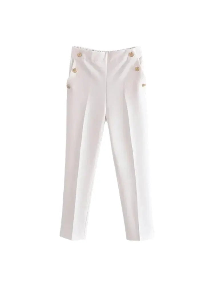 Women Fashion With Metallic Button Straight Pants Vintage High Waist Back Elastic Waistband Female Ankle Trousers Mujer - Azara