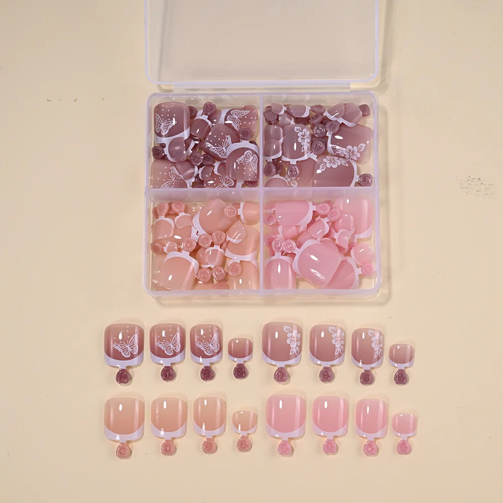 96Pcs/Box French Fake Toenails Butterfly/Flower Design Short Square  Press On Toenail Glossy Full Cover False Toe Nail Extension
