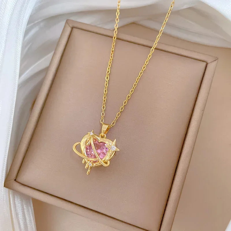 Trendy Heart Stainless Steel Zirconia Necklaces For Women Girls Love Gold Color Metal Necklace Party Birthday Daily Jewelry