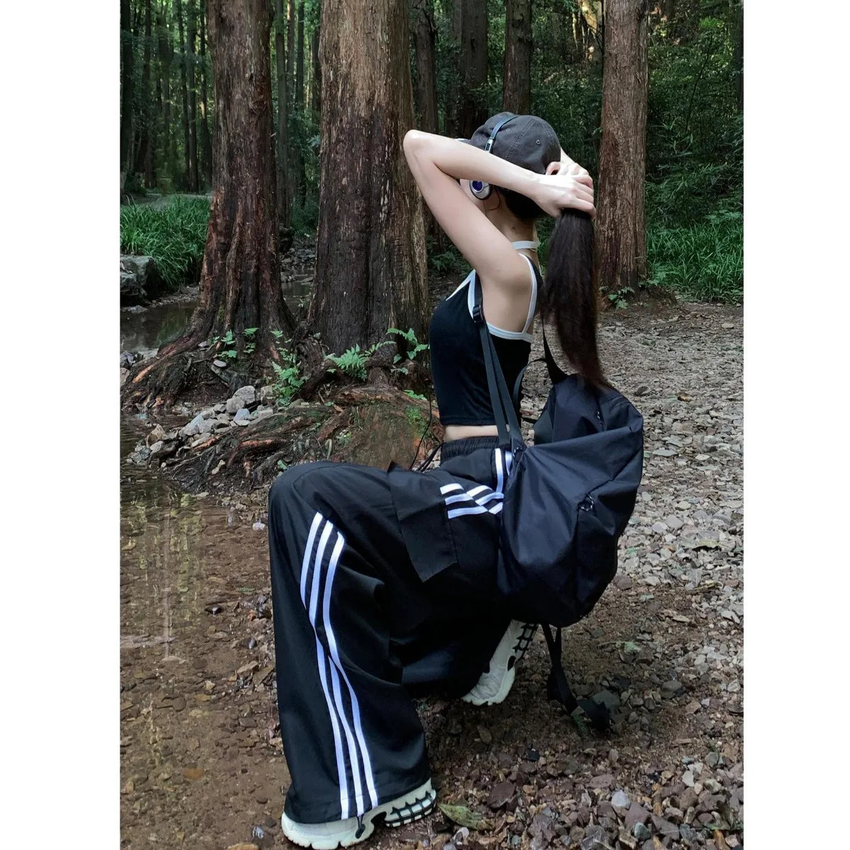 Women Casual Baggy Stripe Cargo Pants Solid Low Waist Joggers Pants Drawstring Wide Leg Baggy Trousers Y2K Streetwear Sweatpants - Azara