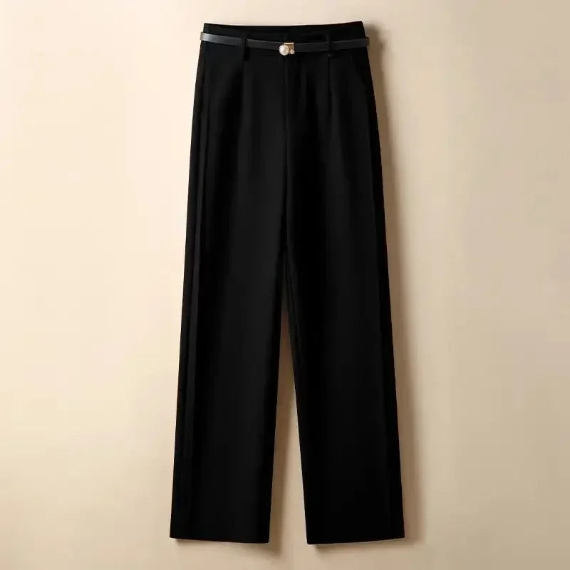 Women's Suit Wide-leg Pants 2025 Autumn New Casual Straight Pants Office Lady Simple Solid Khaki Elegant Black Pants with Belt - Azara
