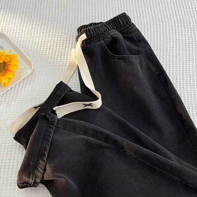 Thiened Fce Dstring Wide Leg High Waist Straight Jeans Women Winter New Sle Warm Loose Fit Trousers Cotton Denim - Azara