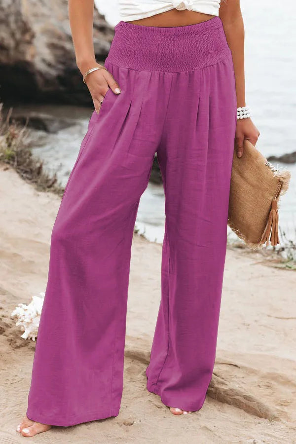 Women's casual pants with drawstring, mid waist, beach wide leg, spring and summer, European and American pants - Azara