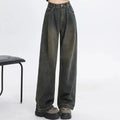 Woman High Waist Straight Leg Jeans Lady Loose Denim Wide Leg Pants Girls Korean Khaki Retro Blue Light Blue Gray White Trousers - Azara