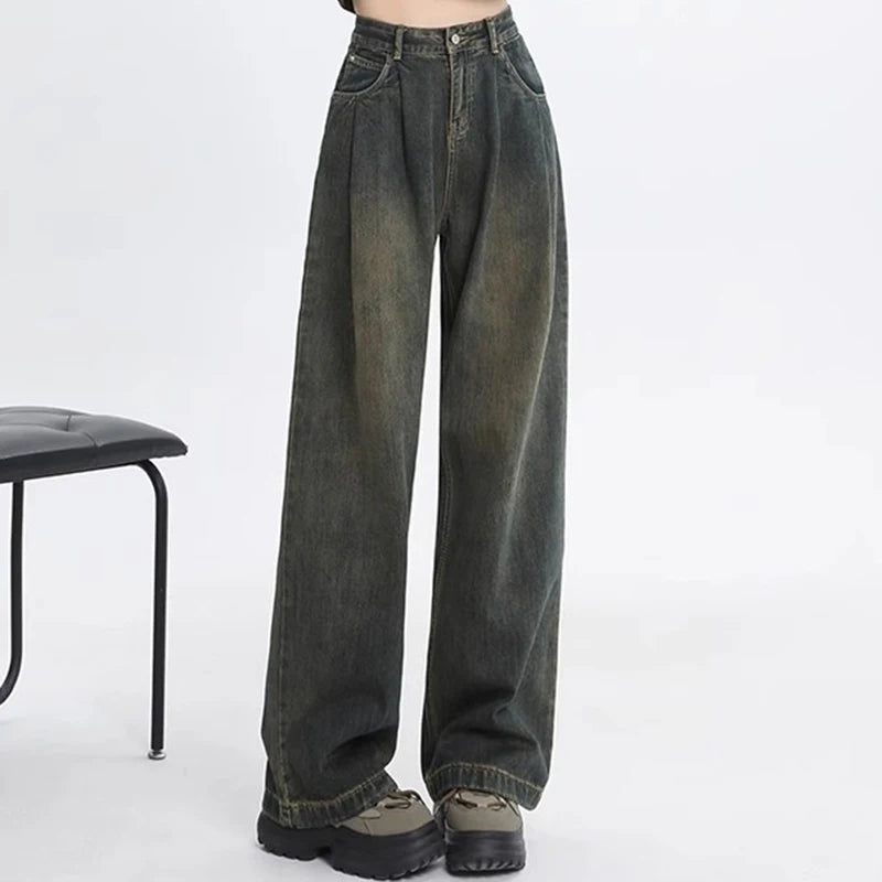 Woman High Waist Straight Leg Jeans Lady Loose Denim Wide Leg Pants Girls Korean Khaki Retro Blue Light Blue Gray White Trousers - Azara