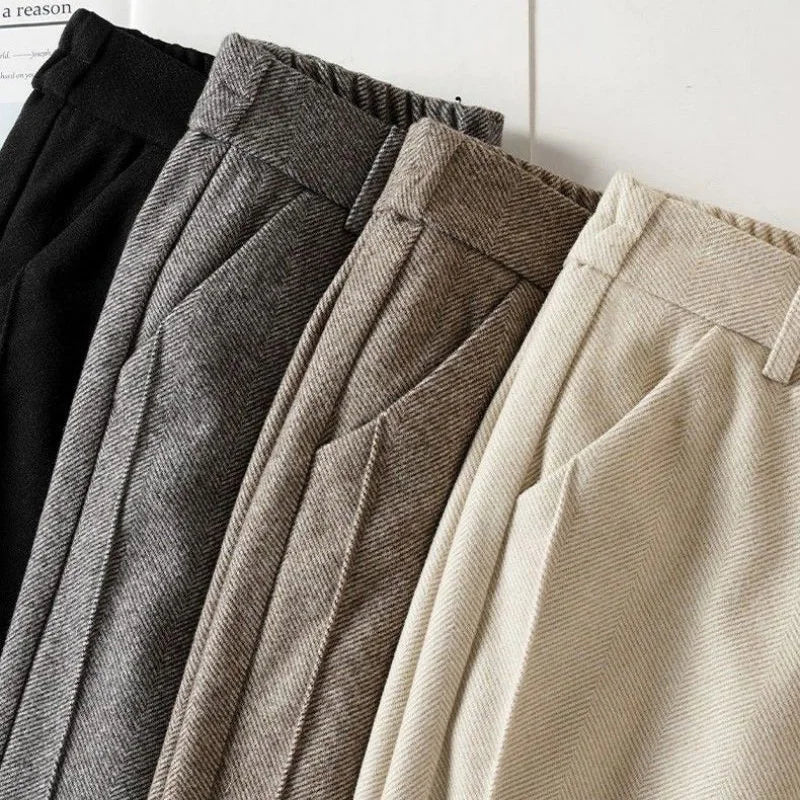 Woolen Herringbone Harem Pencil Elastic High Waist Korean Fashion Women's Pants Casual Office Lady Trousers Suit Pants For Women