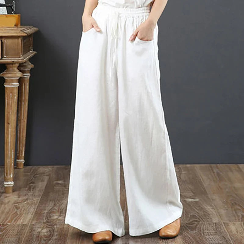 Women Retro Tai Chi Loose Wide Leg Pants Casual Cotton Linen High Waist Pants Mopping Straight Trousers Daily Wear Streetwear