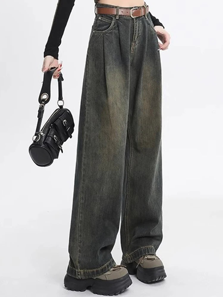 Woman High Waist Straight Leg Jeans Lady Loose Denim Wide Leg Pants Girls Korean Khaki Retro Blue Light Blue Gray White Trousers - Azara