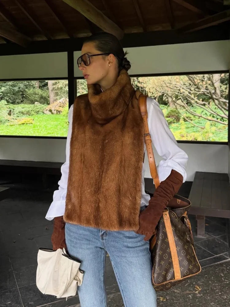 Women Stand Collar Faux Fur Vest Chic Solid High Collar Sleeveless Loose Waistcoat Casual 2025 New Lady Daily Street Short Vests