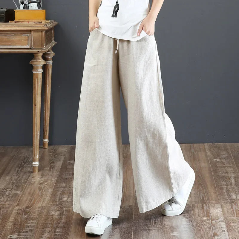 Women Retro Tai Chi Loose Wide Leg Pants Casual Cotton Linen High Waist Pants Mopping Straight Trousers Daily Wear Streetwear