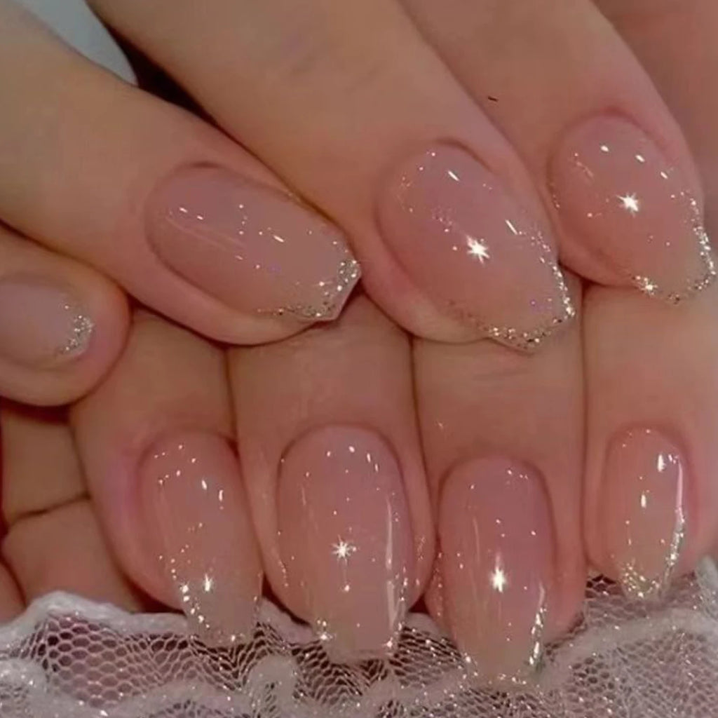 24PCS Pink Glitter French Press-On Nails Short Almond False Nails Glitter Full Cover Gloss Reusable  Nails for Women