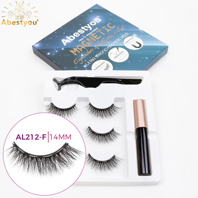 Abestyou 3pairs 5d Micro Guantum Magnet Mink Eyelashes Cat Eye False Lashes Waterproof Magnetic Liquid Eyeliner With Tweezer Kit