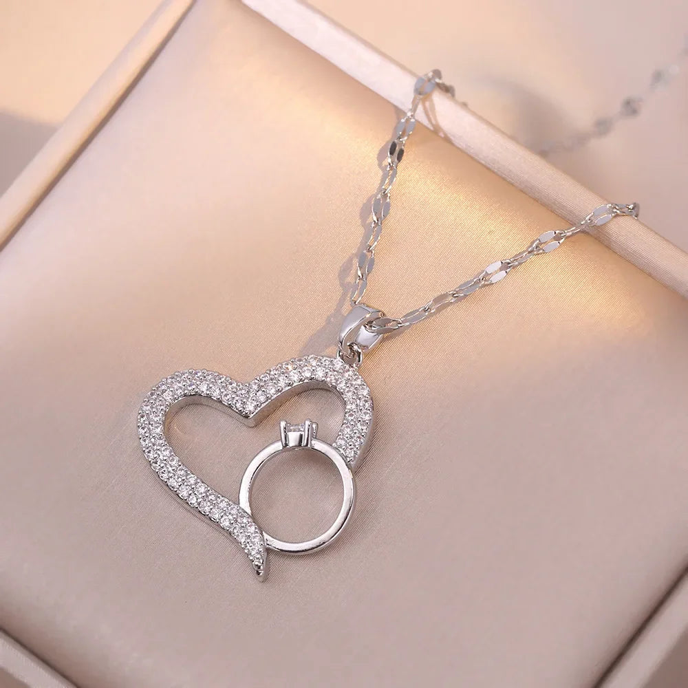 Trendy Heart Stainless Steel Zirconia Necklaces For Women Girls Love Gold Color Metal Necklace Party Birthday Daily Jewelry