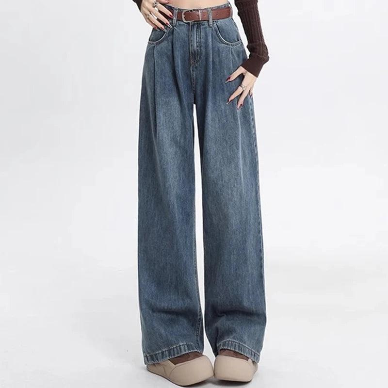 Woman High Waist Straight Leg Jeans Lady Loose Denim Wide Leg Pants Girls Korean Khaki Retro Blue Light Blue Gray White Trousers - Azara