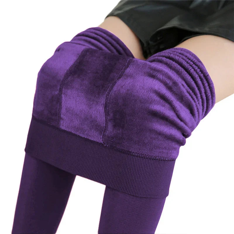 Women Winter Leggings Warm Leggins High Waist Solid Color Velvet Women Thickened Velvet Leggings Casual Stretchy Leggings