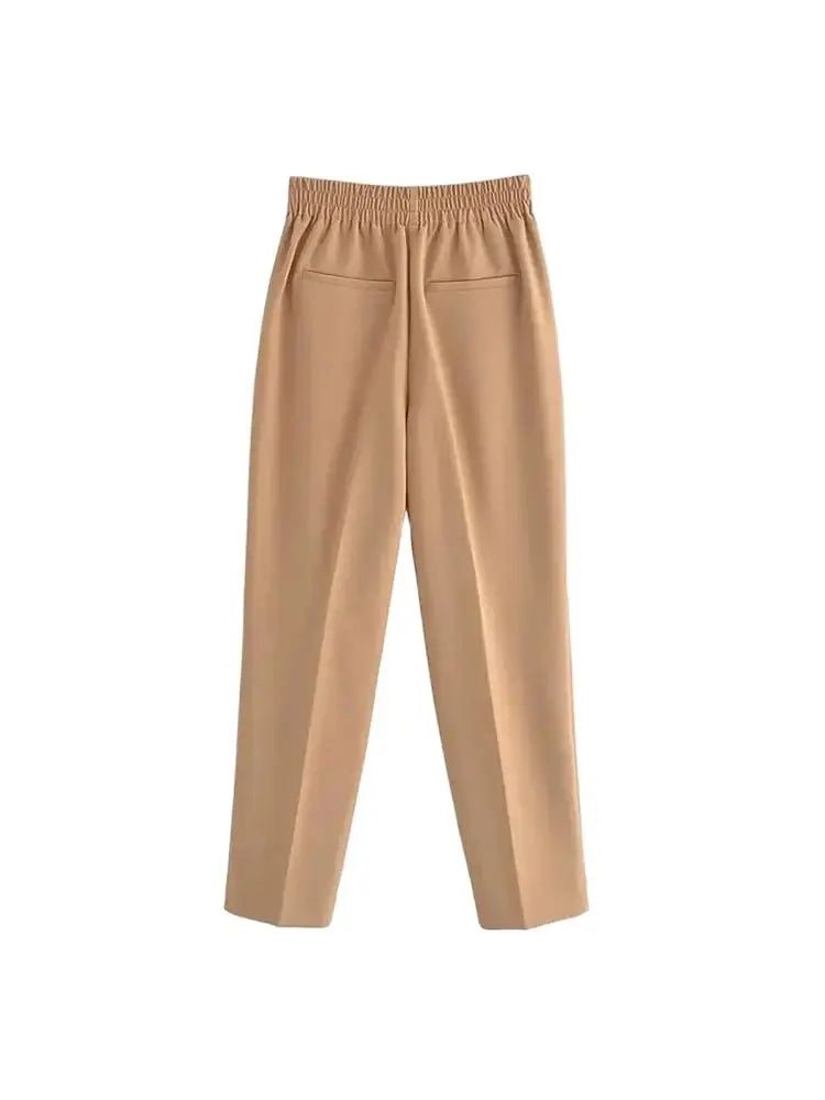 Women Fashion With Metallic Button Straight Pants Vintage High Waist Back Elastic Waistband Female Ankle Trousers Mujer - Azara