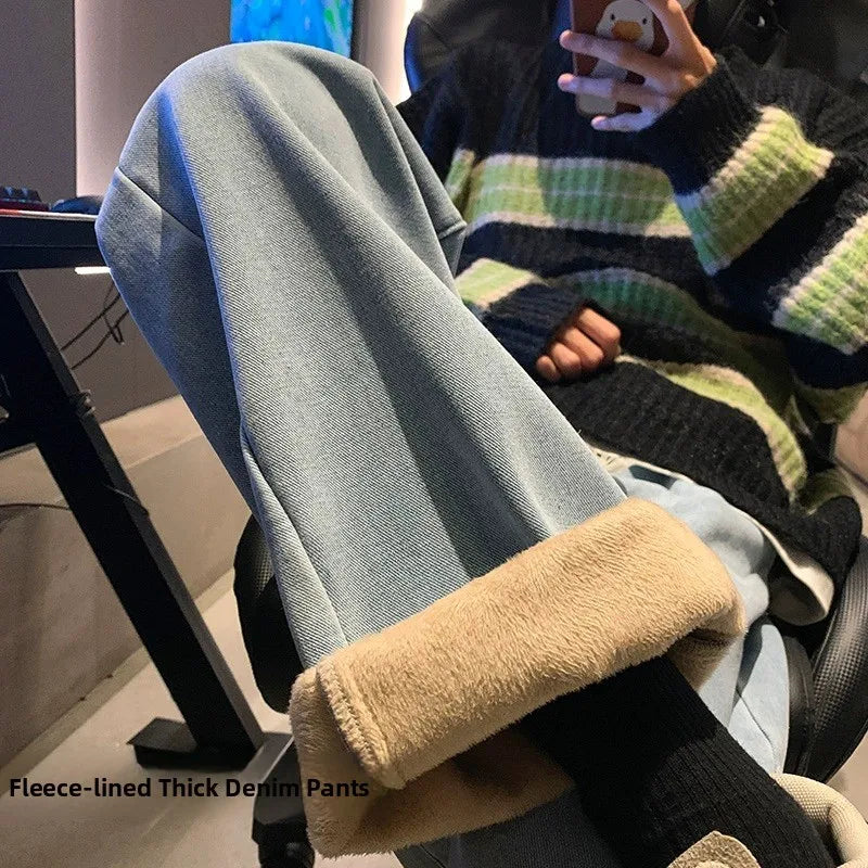 Thiened Fce Dstring Wide Leg High Waist Straight Jeans Women Winter New Sle Warm Loose Fit Trousers Cotton Denim - Azara