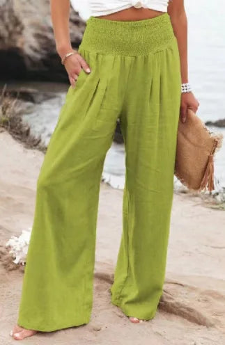 Women's casual pants with drawstring, mid waist, beach wide leg, spring and summer, European and American pants - Azara