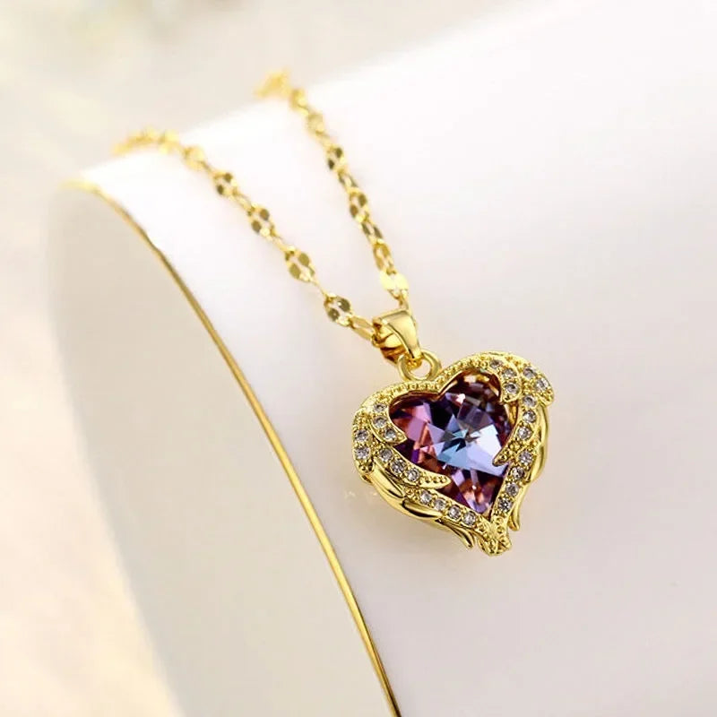Trendy Heart Stainless Steel Zirconia Necklaces For Women Girls Love Gold Color Metal Necklace Party Birthday Daily Jewelry