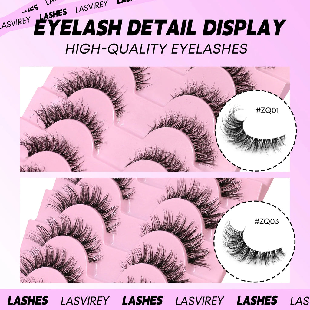 LASVIREY Cat Eye Lashes Natural Fluffy False Eyelashes Soft Wispy Natural Long Faux Mink Lashes Clear Band Lashes Extension