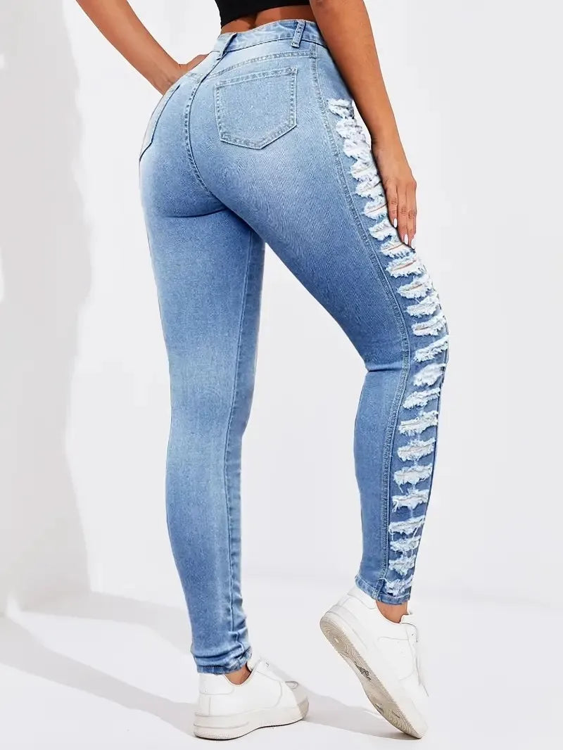 Women's fashionable washing light blue side layered ripped elastic slim fit and hip-retracted casual nine-point foot jeans - Azara