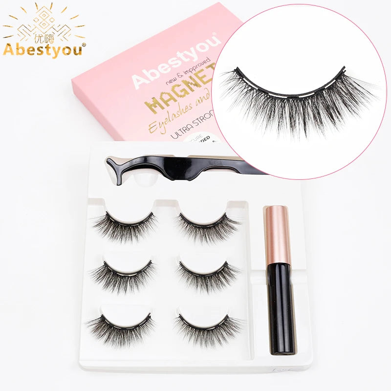 Abestyou Micro 5 Magnets Natural Long 3d 3pairs False Mink Magnetic Lashes With Eyeliner Tweezers Eyelashes Holder Makeup Kits