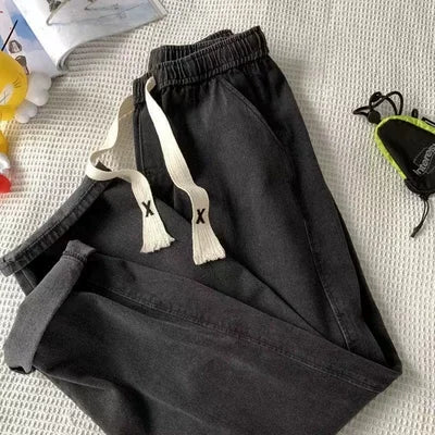 Thiened Fce Dstring Wide Leg High Waist Straight Jeans Women Winter New Sle Warm Loose Fit Trousers Cotton Denim - Azara