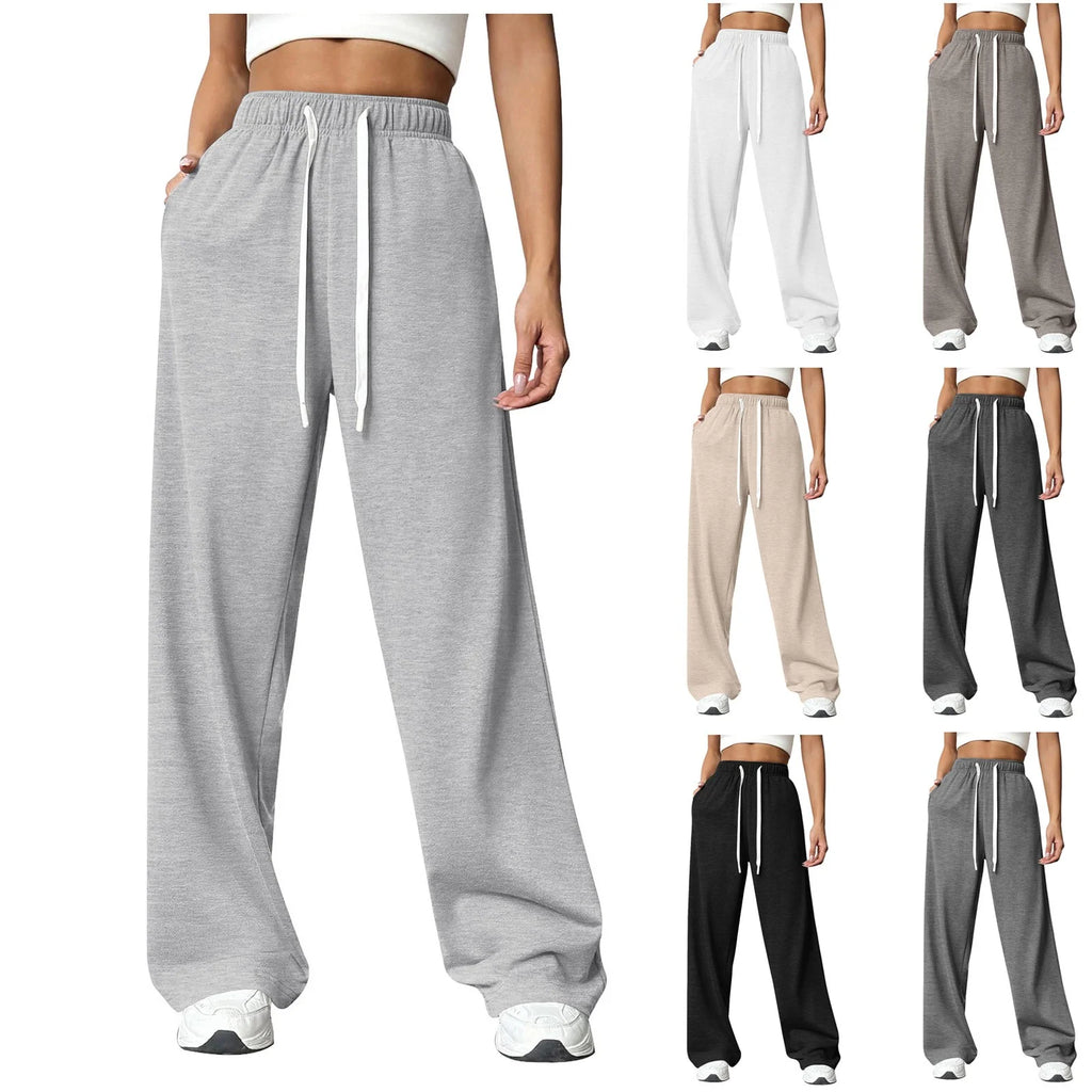 Women New Elastic Waist Pants with Side Pockets Fleece Lined Thick Wide Leg Sweatpants Pure Color Straight Cut