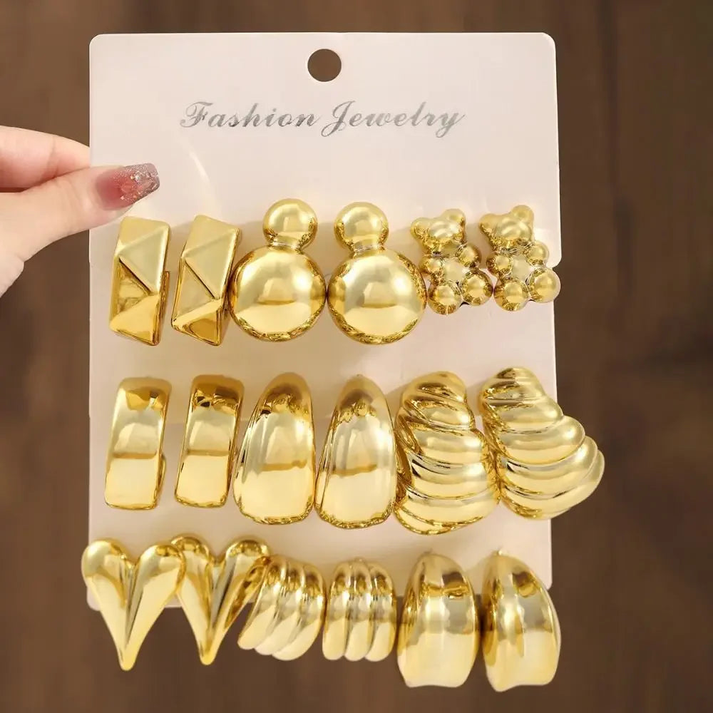 6Pcs/Set Fashion Gold Color Heart Bear Drop Earrings for Women Simple Twisted Metal C-Shape Earrings Elegant Jewelry Gifts